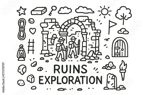 Ruins Exploration Doodle. Ruins exploration. Hand-drawn doodle illustration of ruins exploration. In the