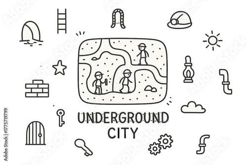 Underground City Doodles. Underground city. Hand-drawn doodle illustration of underground city. In the middle,