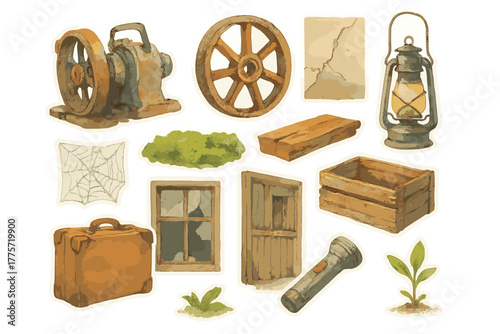 Abandoned Industrial Stickers. Abandoned industrial site. Realistic hand-painted watercolor style sticker