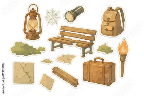 Subway Exploration Stickers. Subway exploration set. Realistic hand-painted watercolor style sticker sheet of