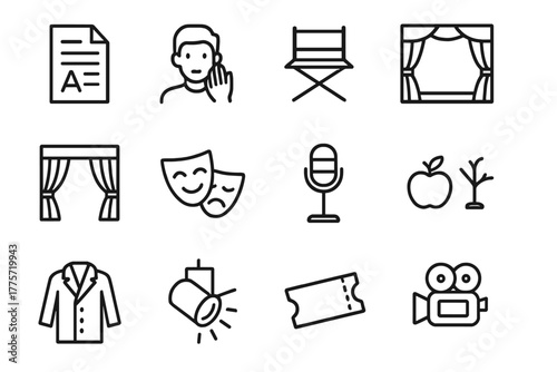 Play Rehearsal Icons. Play rehearsal. Line outline icon set of play rehearsal: script, actor, director chair,