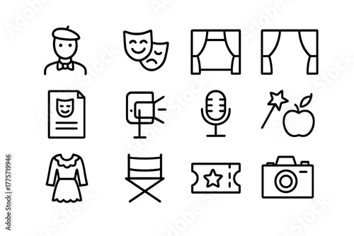 Performance Arts Icons. Performance arts. Line outline icon set of performance arts: actor, mask, stage,