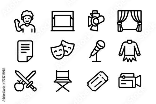 Stage Performance Icons. Stage performance. Line outline icon set of stage performance: actor, stage,