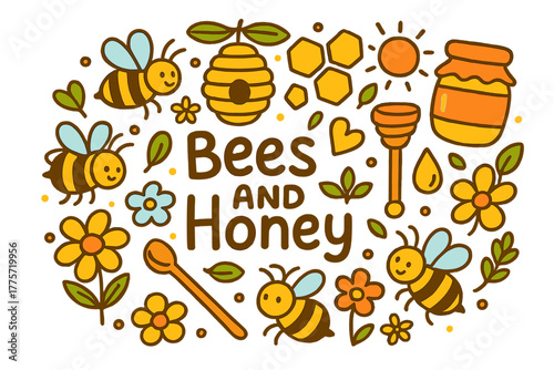 Bees and Honey Doodle. Bees and Honey. Hand-drawn doodle illustration of bees and honey. Bees, hive, honeycomb