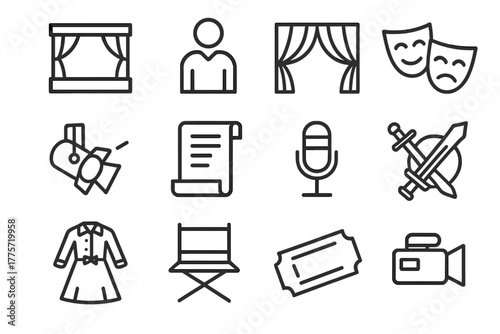 Stage Production Icons. Stage production. Line outline icon set of stage production: stage, actor, curtain,