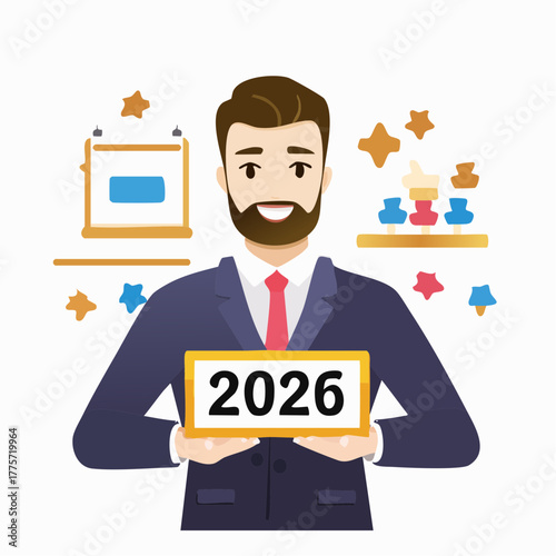 Man holding a sign with the year 2026 with decorative elements and icons on a white background vector