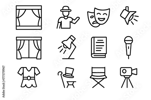 Drama Workshop Icons. Drama workshop. Line outline icon set of drama workshop: stage, actor, mask, curtain,