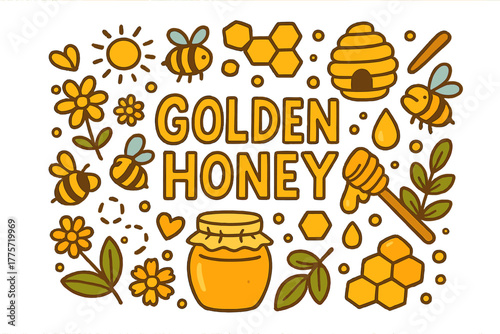 Golden Honey Doodle. Golden Honey. Hand-drawn doodle illustration of golden honey. Honey jar, bees, hive,