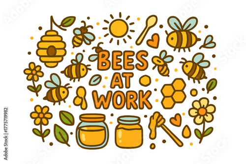 Bees at Work. Bees at Work. Hand-drawn doodle illustration of bees at work. Hive, bees, honeycomb, flowers,