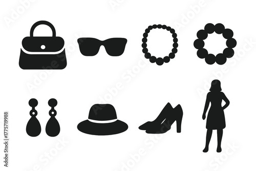 Fashion Accessory Icons. Fashion accessories. Filled icon set of fashion accessories: handbag, sunglasses,