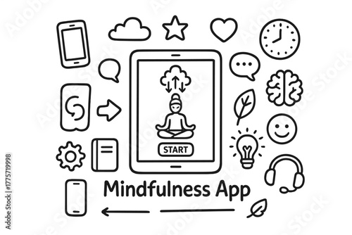 Mindfulness Doodle Art. Mindfulness exercises. Hand-drawn doodle illustration of mindfulness exercises. In the