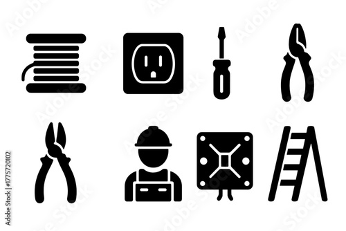 Residential Wiring Icons. Residential wiring. Filled icon set of residential wiring: wire spool, outlet,