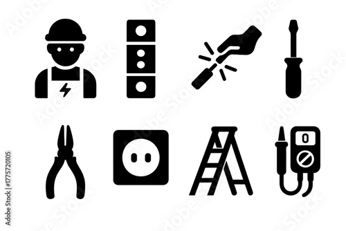 Electrical Maintenance Icons. Electrical maintenance. Filled icon set of electrical maintenance: electrician,