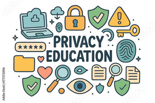 Privacy Education Icons. Privacy Education. Hand-drawn doodle illustration of privacy education. Laptop,