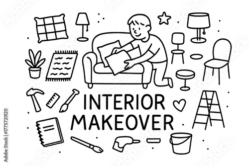 Doodle Interior Transformation. Interior makeover. Hand-drawn doodle illustration of interior makeover. In the