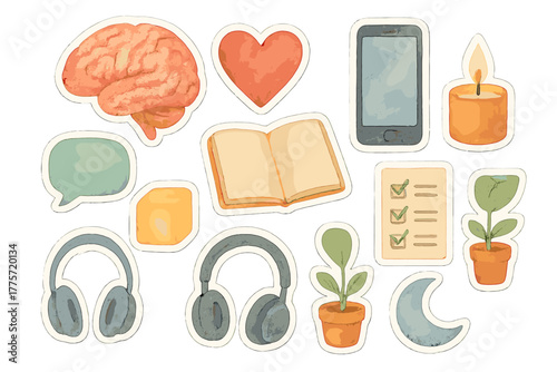 Therapeutic Tools Stickers. Therapeutic tools collection. Realistic hand-painted watercolor style sticker