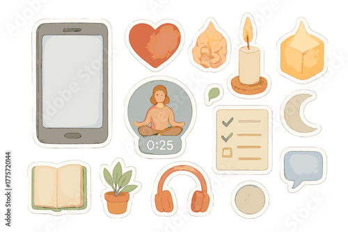 Watercolor Self-Care Stickers. Self-care app elements. Realistic hand-painted watercolor style sticker sheet