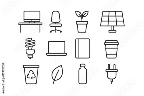 Sustainable Office Icons. Sustainable office. Line outline icon set of sustainable office: desk, chair, plant,