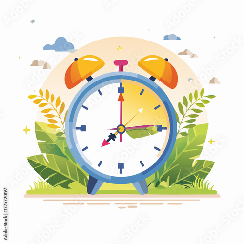 Alarm Clock with Nature Elements and Soft Lighting Suggesting Morning or Wake- Up Call Keywords: alarm clock, morning, wake up, nature, leaves, grass, clouds, sky, sun, yellow, blue, green