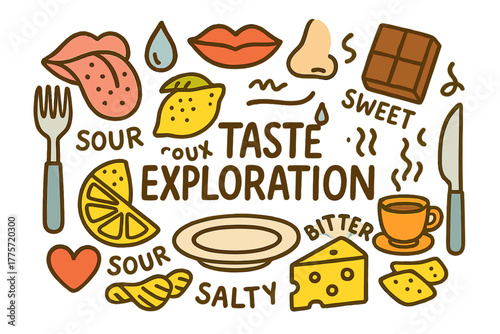 Taste Exploration Doodles. Taste Exploration. Hand-drawn doodle illustration of taste exploration. Tongue,