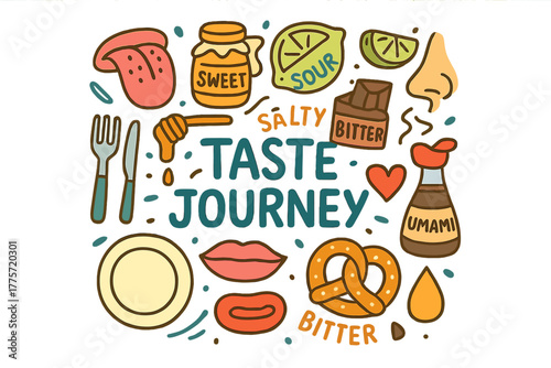 Taste Exploration Doodle. Taste Journey. Hand-drawn doodle illustration of taste journey. Tongue, taste buds,