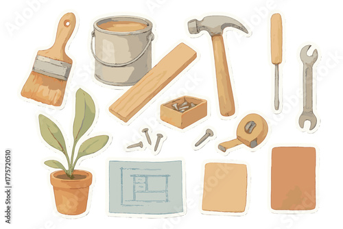 Watercolor Furniture Stickers. Furniture makeover set. Realistic hand-painted watercolor style sticker sheet