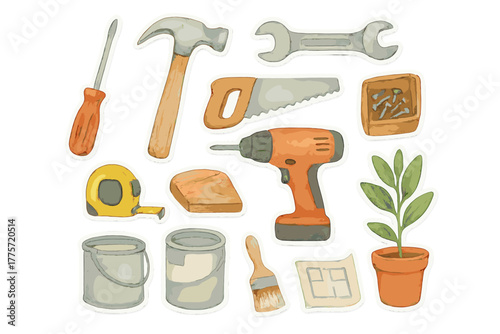 Watercolor Tool Stickers. Home renovation tools. Realistic hand-painted watercolor style sticker sheet of home