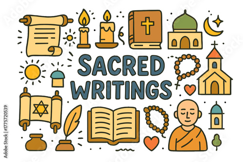 Sacred Texts Doodle. Sacred Writings. Hand-drawn doodle illustration of sacred writings. Scroll, Bible, Quran,