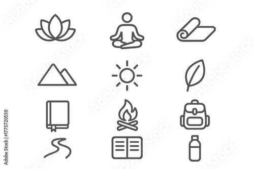 Holistic Retreat Icons. Holistic leadership retreat. Line outline icon set of holistic leadership retreat: