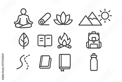 Mindful Retreat Icons. Mindful management retreat. Line outline icon set of mindful management retreat: