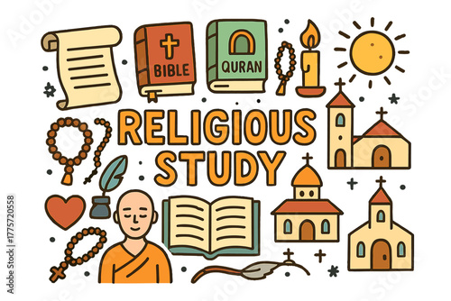 Colorful Religious Symbols. Religious Study. Hand-drawn doodle illustration of religious study. Scroll, Bible,