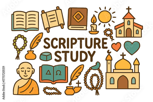 Vibrant Scripture Symbols. Scripture Study. Hand-drawn doodle illustration of scripture study. Open book,