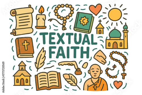 Textual Faith Doodle. Textual Faith. Hand-drawn doodle illustration of textual faith. Scroll, Bible, Quran,