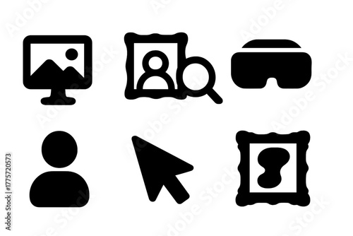 Digital Art Icons. Online art curation. Filled icon set of online art curation: computer, painting, gallery