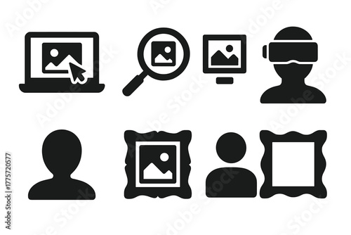 Art Icons Set. Art discovery online. Filled icon set of art discovery online: laptop, cursor, magnifying glass