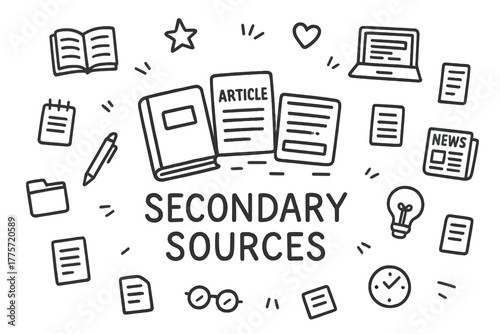 Secondary Sources Doodle. Secondary sources. Hand-drawn doodle illustration of secondary sources. In the