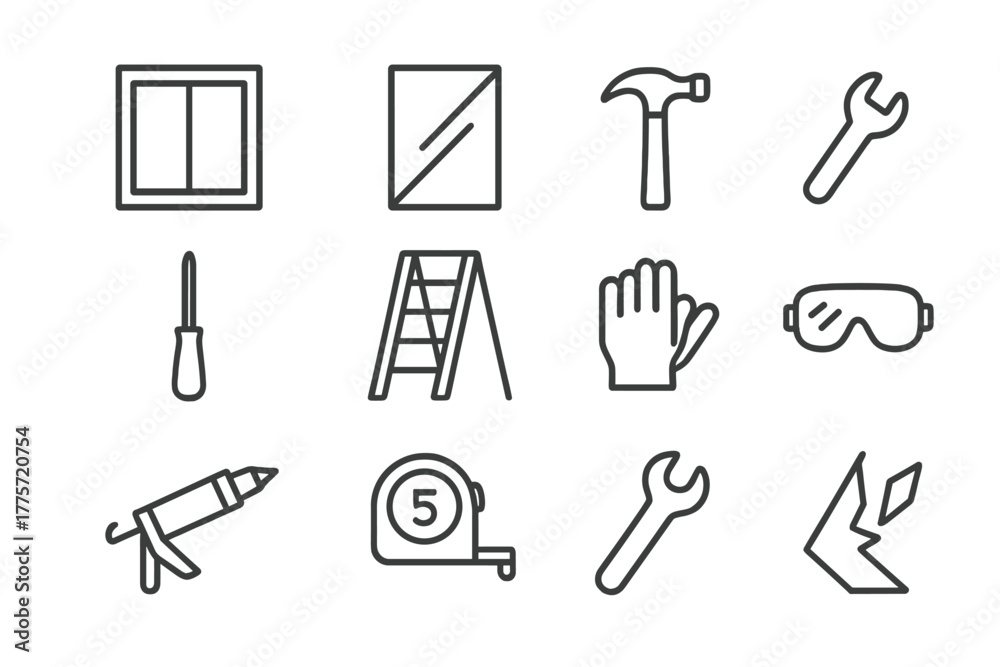 Obraz premium Window Installation Icons. Window installation. Line outline icon set of window installation: window, glass