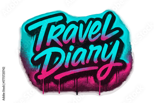 Neon Travel Vibes. Travel Diary. neon graffiti lettering with glowing cyan and pink edges, dripping