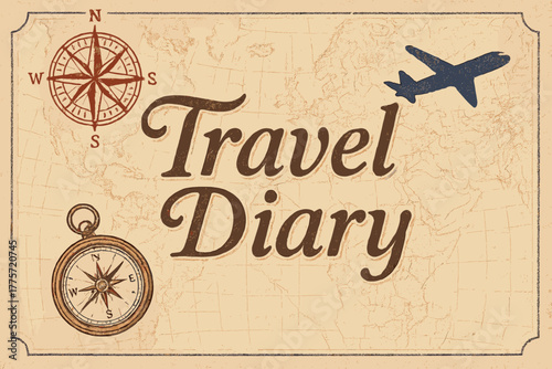 Vintage Travel Diary. Travel Diary. vintage serif script with faded ink texture, subtle shadowed outlines,