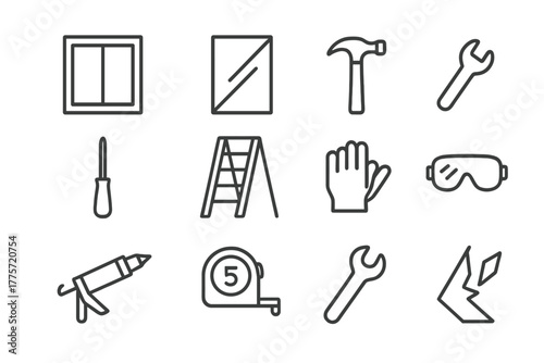 Window Installation Icons. Window installation. Line outline icon set of window installation: window, glass