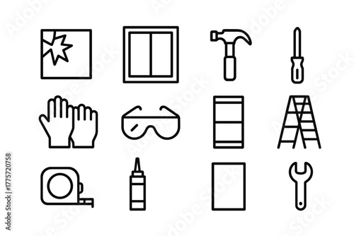 Broken Window Tools. Broken window fix. Line outline icon set of broken window fix: broken glass, window,
