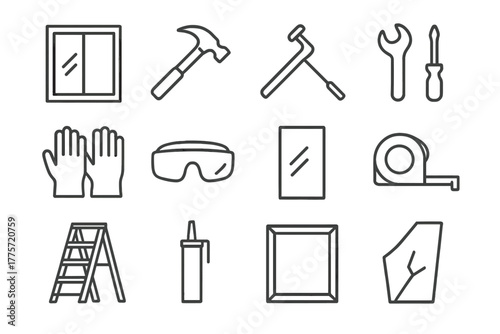 Window Repair Icons. Window repair. Line outline icon set of window repair: window, hammer, screwdriver,