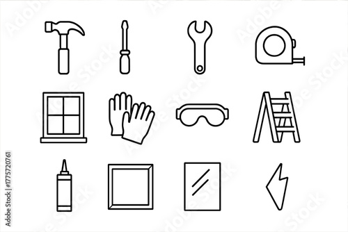 DIY Tool Icons. DIY home repair. Line outline icon set of DIY home repair: hammer, screwdriver, wrench, tape