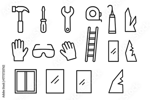 Repair Kit Icons. Repair kit. Line outline icon set of repair kit: hammer, screwdriver, wrench, tape measure,