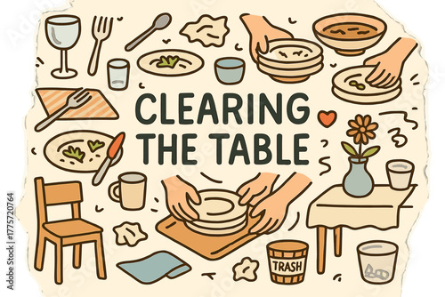Clearing Table Doodle. Clearing the Table. Hand-drawn doodle illustration of clearing the table. Plates, cups,