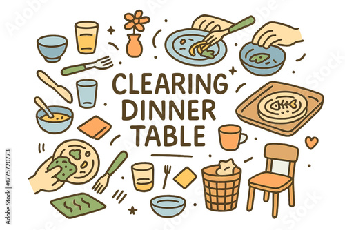 Clearing Dinner Table Doodle. Clearing Dinner Table. Hand-drawn doodle illustration of clearing dinner table.