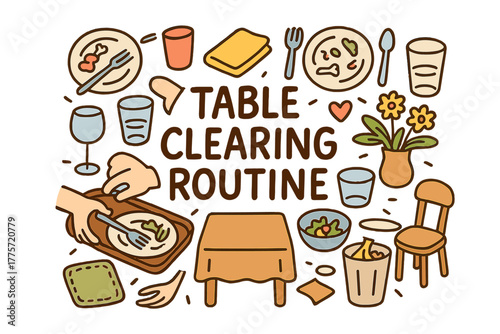 Doodle Table Clearing. Table Clearing Routine. Hand-drawn doodle illustration of table clearing routine.