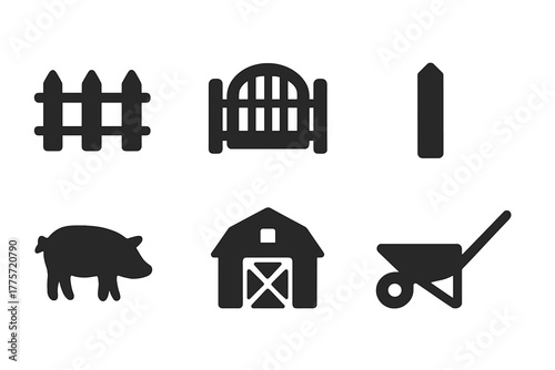 Farm Icons Grid. Farm enclosure. Filled icon set of farm enclosure: fence, gate, post, pig, barn, hay,