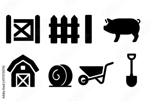 Rural Fencing Icons. Rural fencing. Filled icon set of rural fencing: wooden gate, fence, post, pig, barn, hay