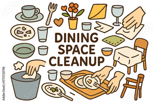 Dining Cleanup Doodle. Dining Space Cleanup. Hand-drawn doodle illustration of dining space cleanup. Plates,